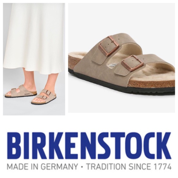 NWT Birkenstock Shearling Microfiber Arizona Sandal in Desert Dust Taupe - Picture 1 of 11